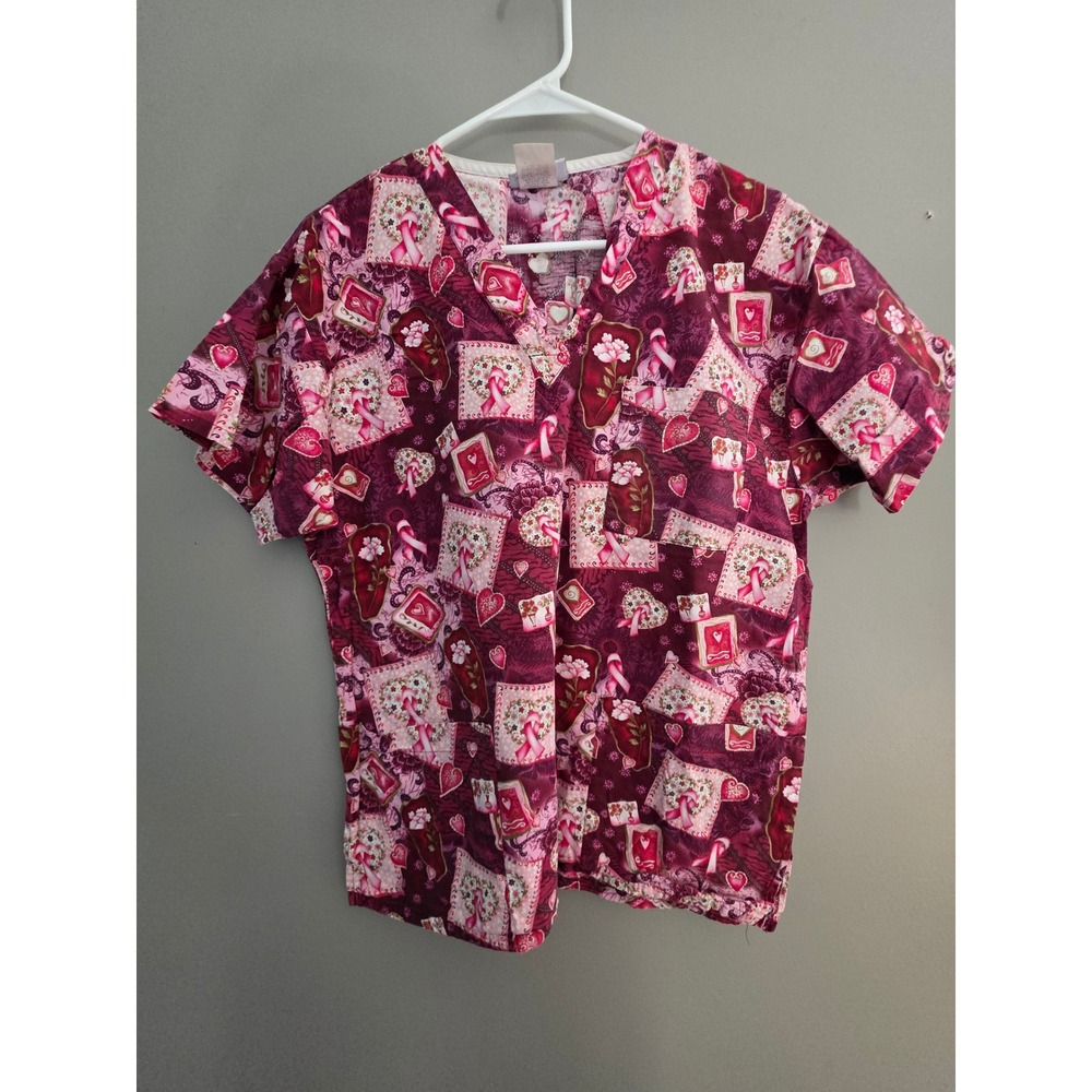 Peaches Uniforms Breast Cancer Awareness Scrub Top Pink Ribbon Hearts Cotton L